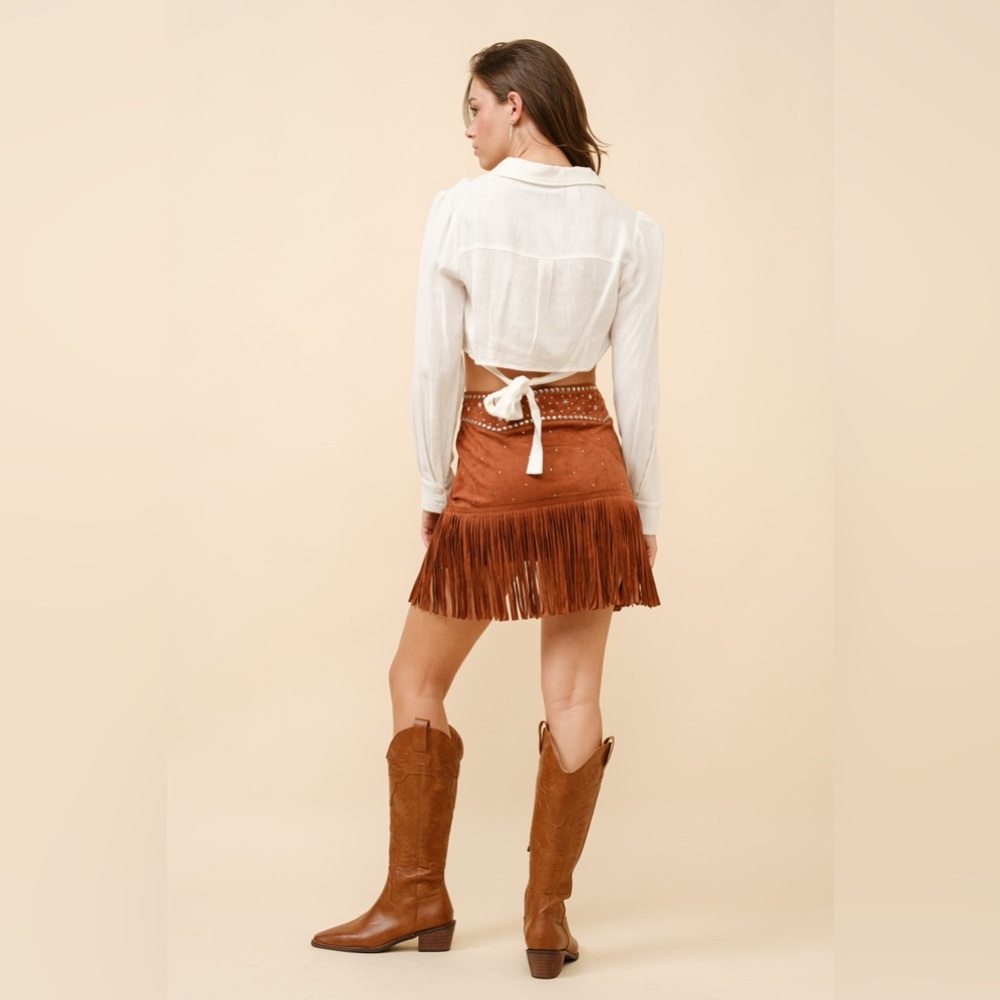 Double Belted Star Studded Suede Fringe Mini Skirt - Picture 7 of 7
